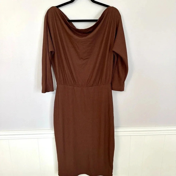 Women's 3/4 Sleeve Brown Ribbed Draped Neck Dress with Cinched Waist GUC - Picture 2 of 7